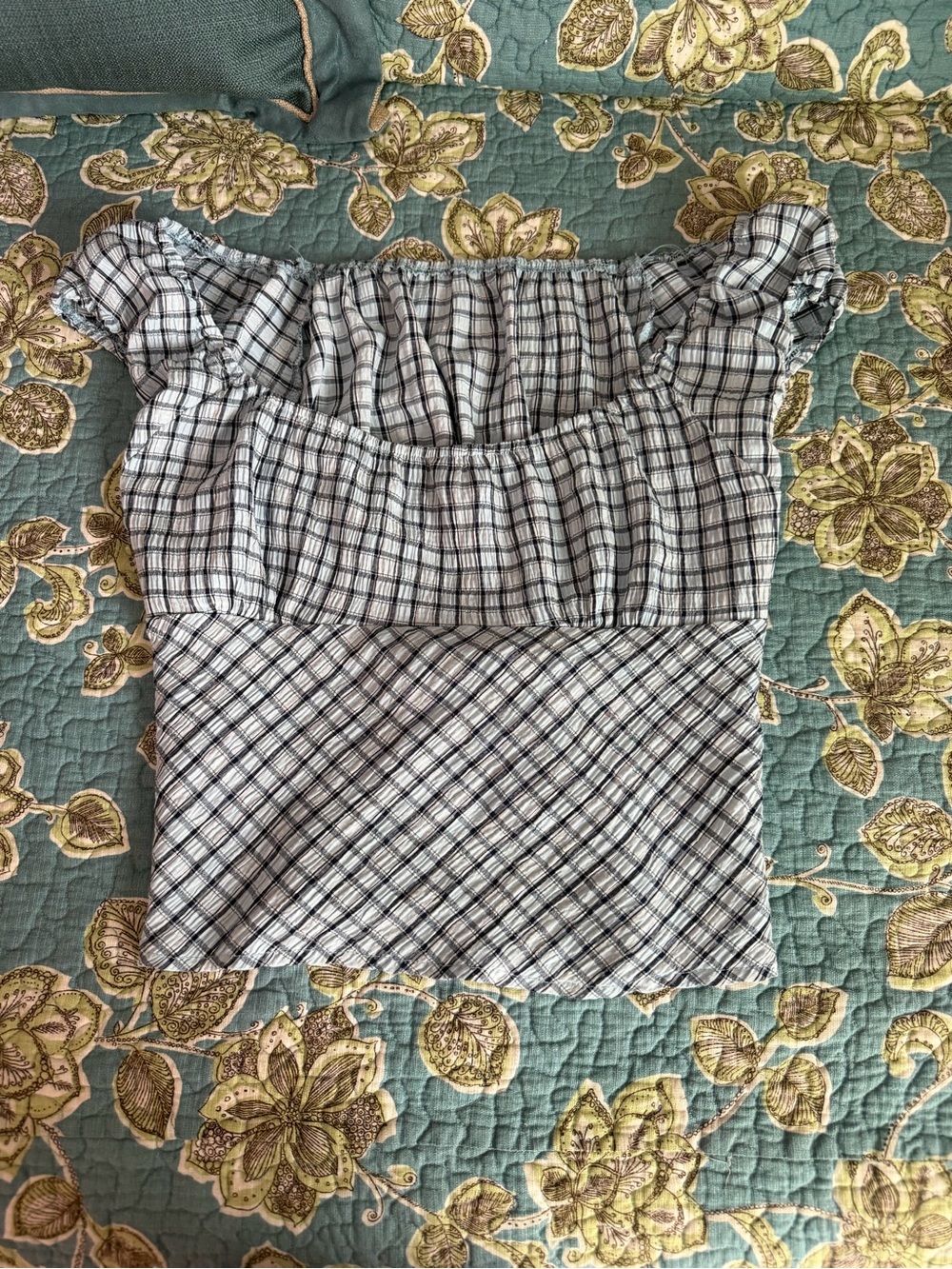SHEIN Black and White Plaid Off-Shoulder Smocked Crop Top